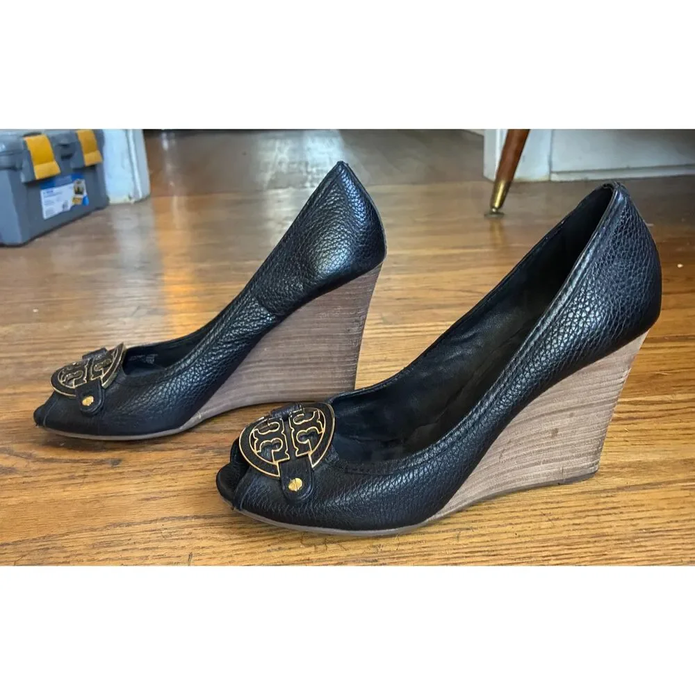 Tory Burch Amanda Black Leather Logo Peep Toe Wedge Heels Shoes  Women's Size 11